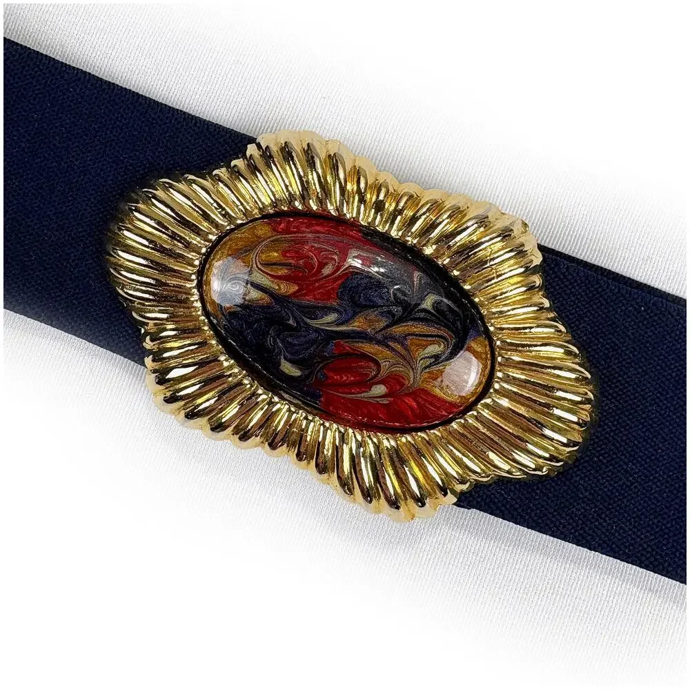 Nan Lewis VTG Women's Navy Stretch Belt Gold Statement Buckle 30